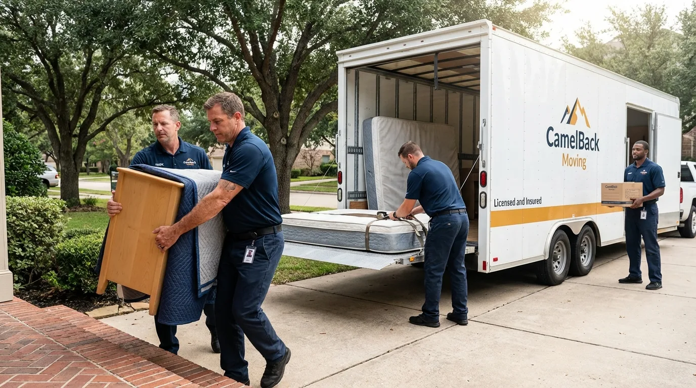 Crew loading residential truck for cross-state move from Hearne, TX