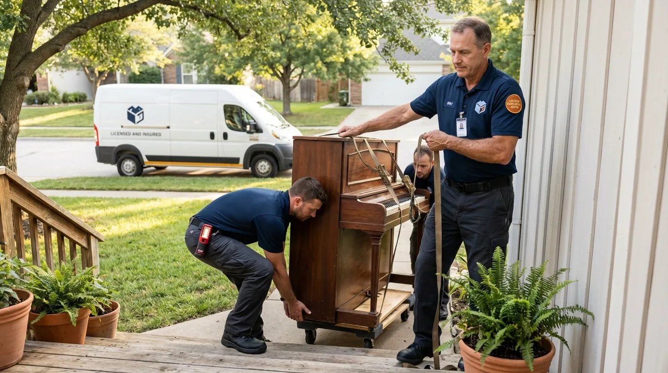 Licensed piano movers securing grand piano in Hearne, TX