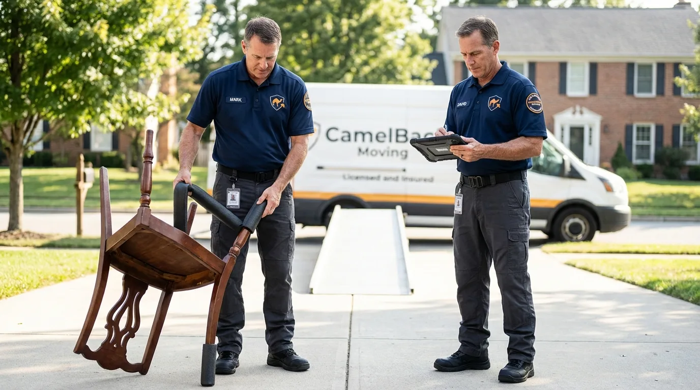 Movers inspecting furniture for damage prevention before loading in Hearne, TX