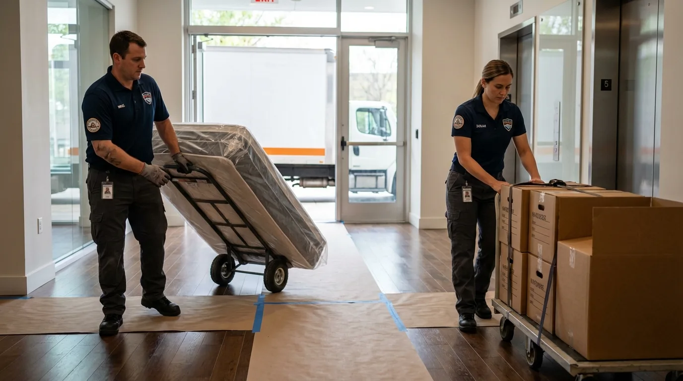 Professional apartment movers loading elevator in Hearne, TX